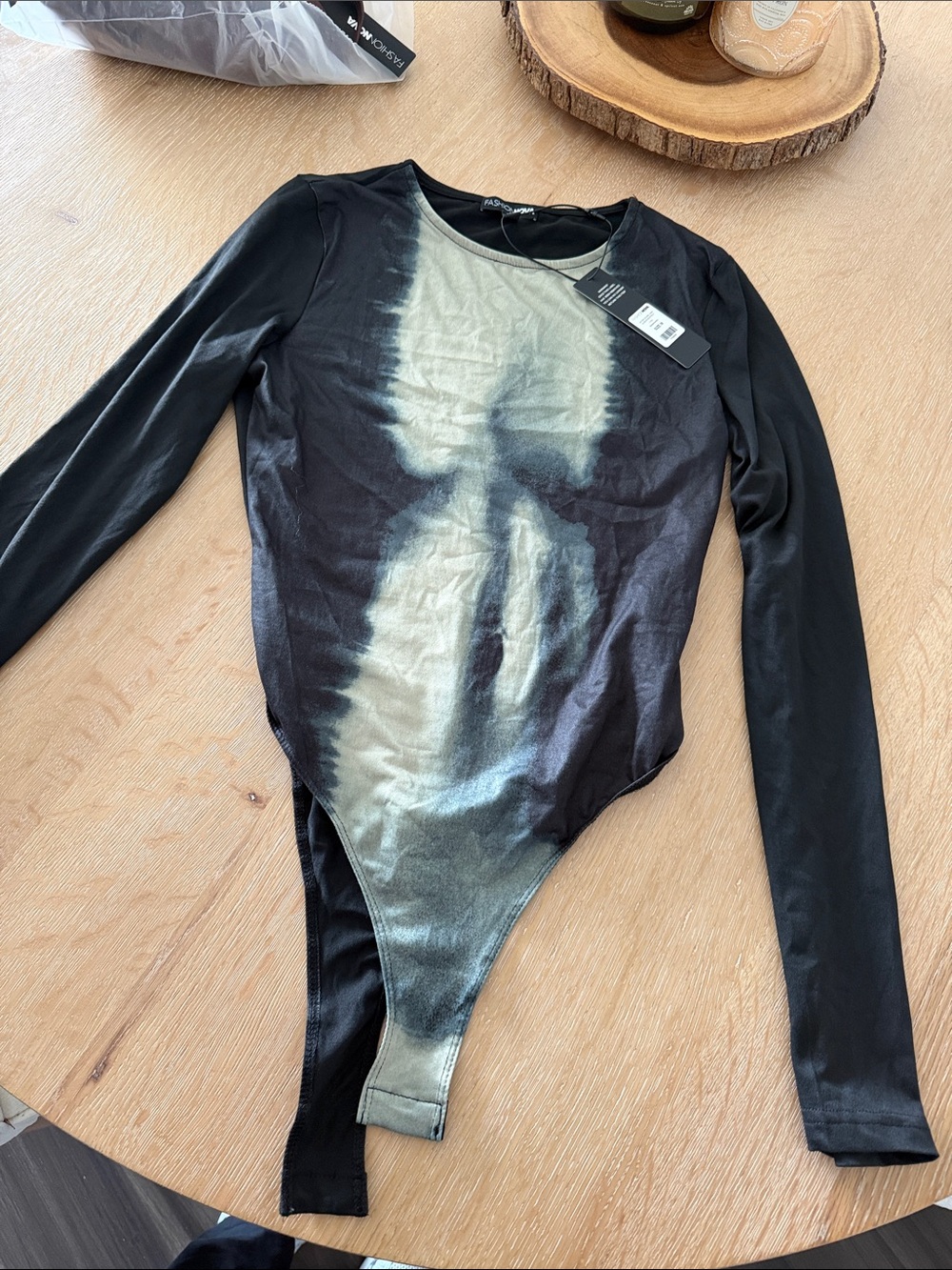 Fashion nova Long Sleeve One-Piece Bodysuit in Black and Olive Tie-Dye